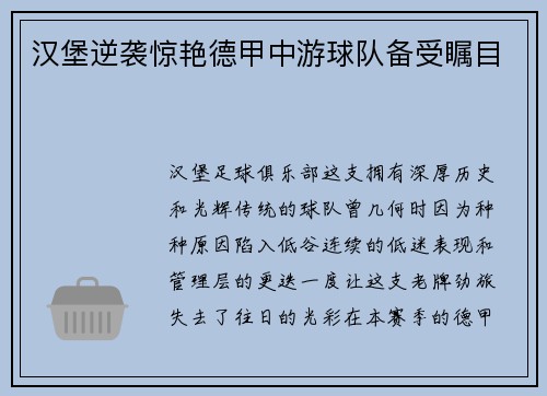 汉堡逆袭惊艳德甲中游球队备受瞩目
